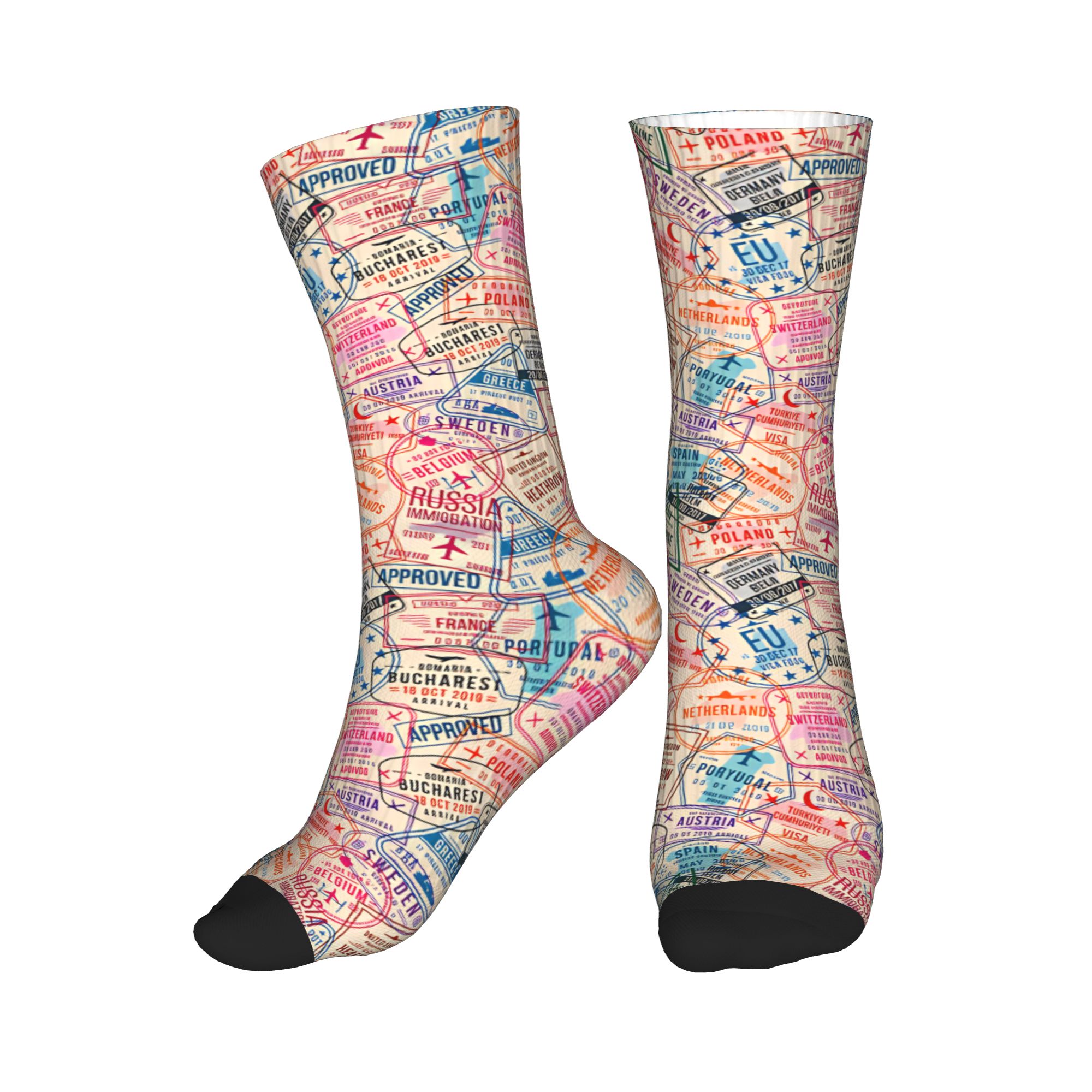 Dress Sock Men - Pastel Europe Travel Collage Passport Stamps